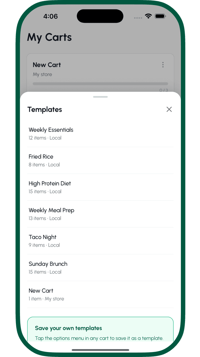 Cart templates with saved reusable shopping lists