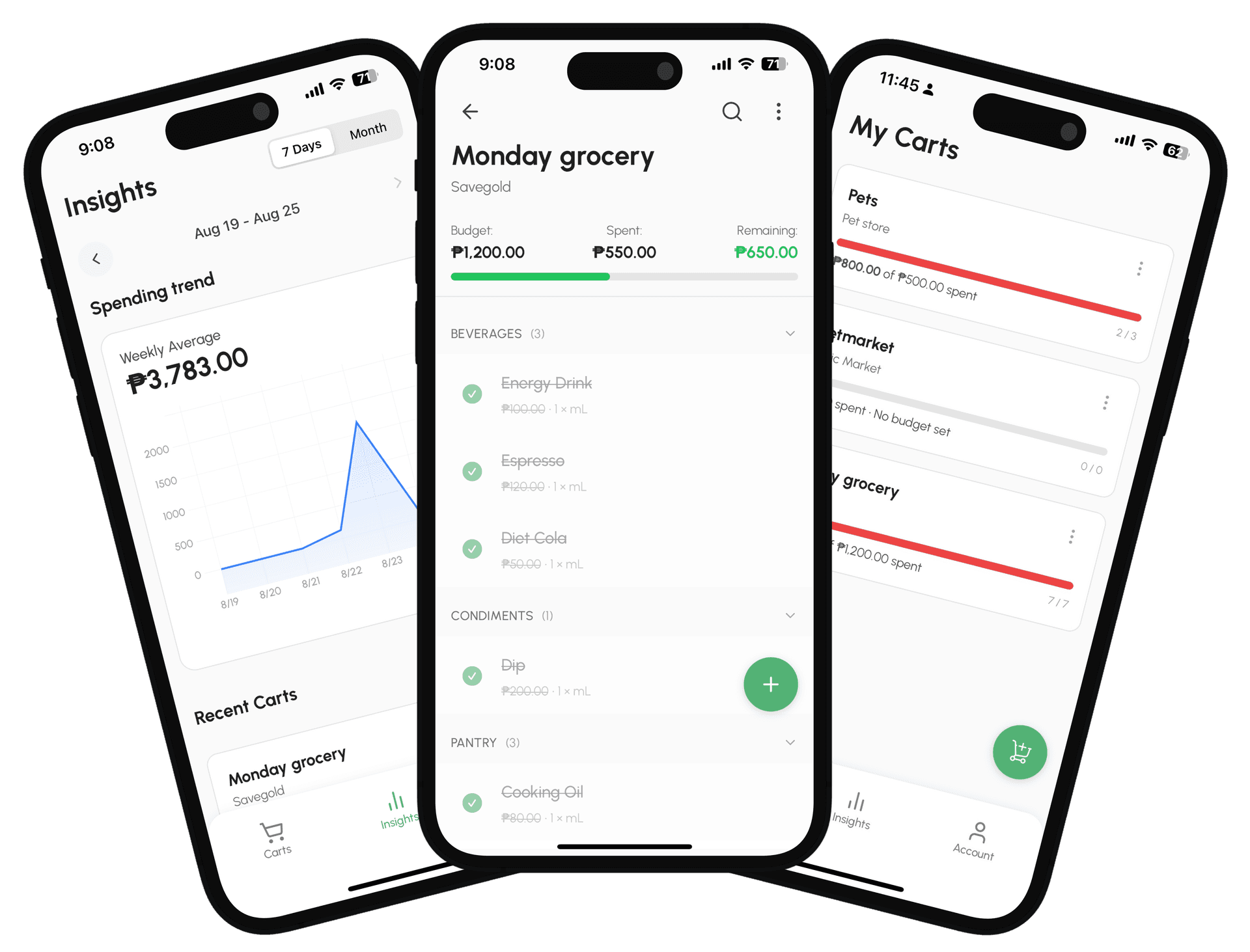 GroceryBudget app screenshots displayed on a smartphone mockup