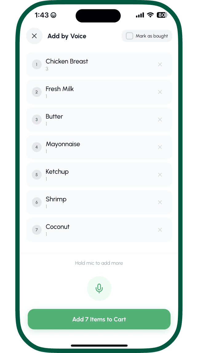 Voice Add showing parsed grocery items from speech input