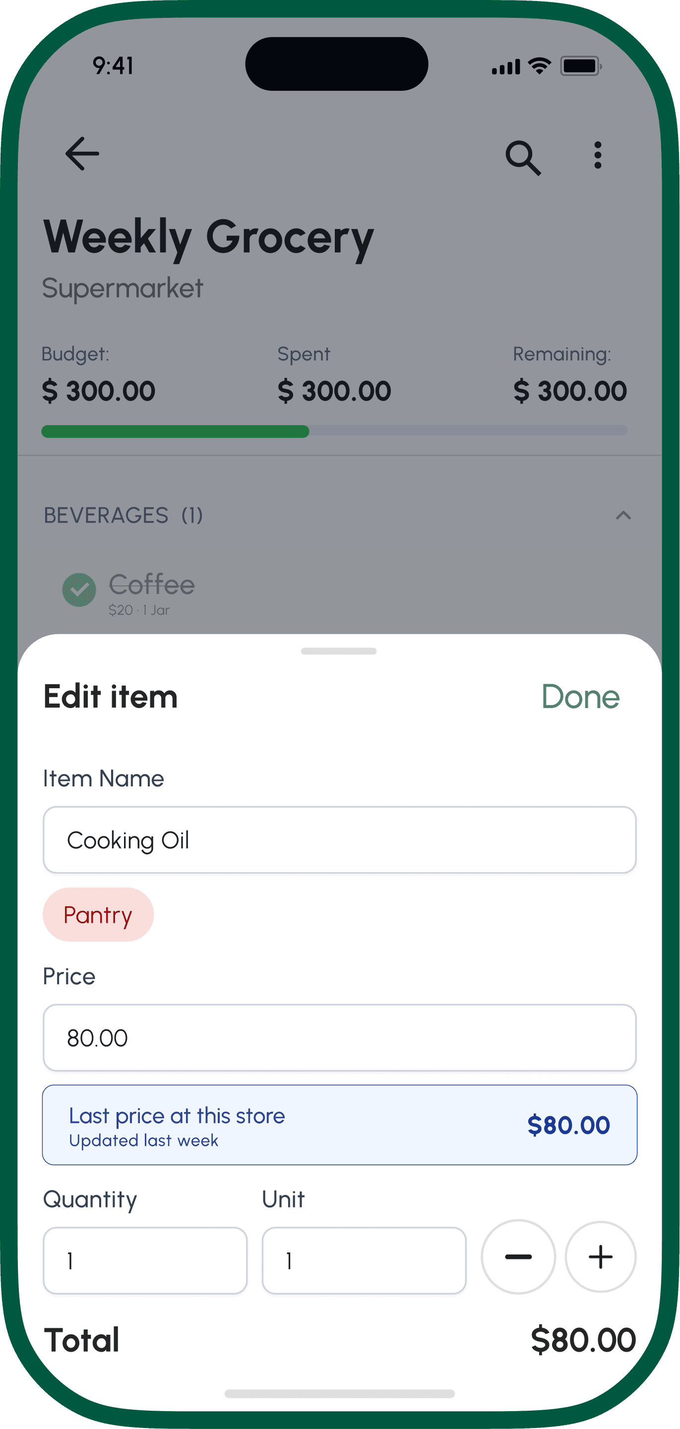 GroceryBudget suggesting the last recorded price at a store