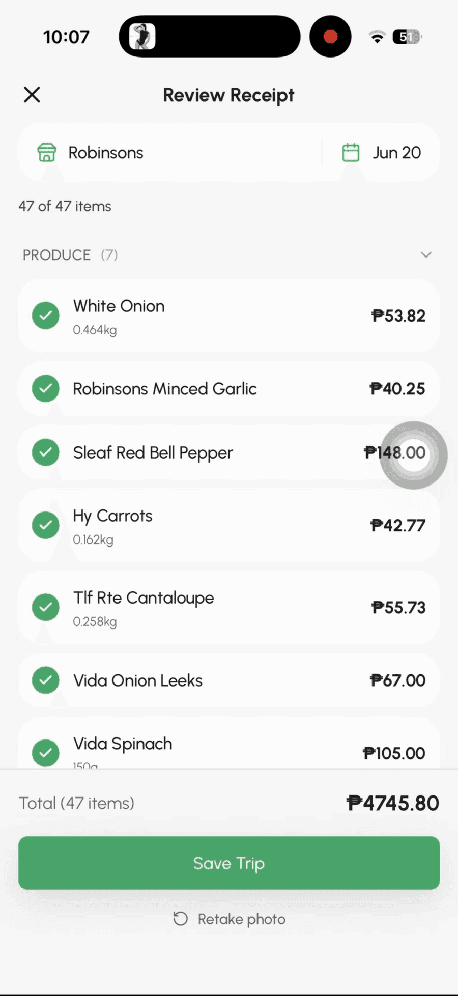 Review Receipt screen with grocery items, categories, prices, and a Save Trip button