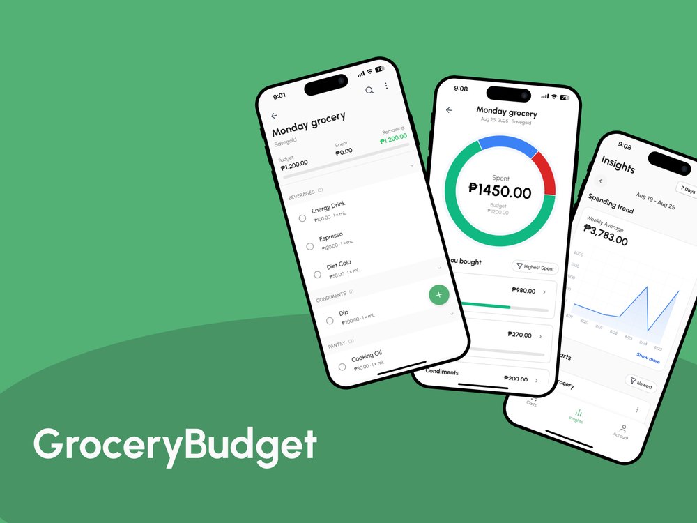 GroceryBudget showing a peso cart total, budget donut, and spending insights